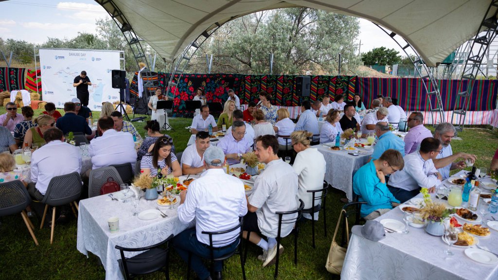 People sitting down to eat at Danube Day event