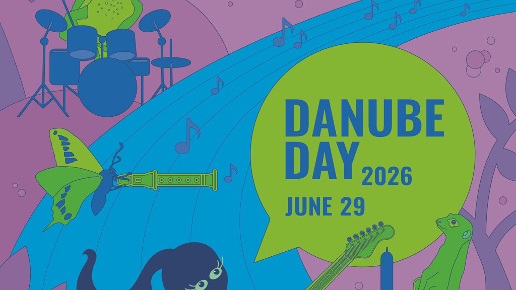 purple poster with a large blue band symboliying a river and in the forground a girl holdeing a green guitar. The text on the poster reads 'United by Danube'