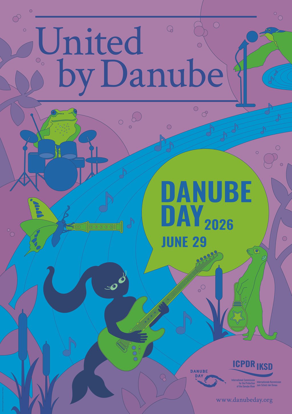 purple poster with a large ble band symboliying a river and in the forground a girl holdeing a green guitar. THze text on the poster reads 'United by Danube'