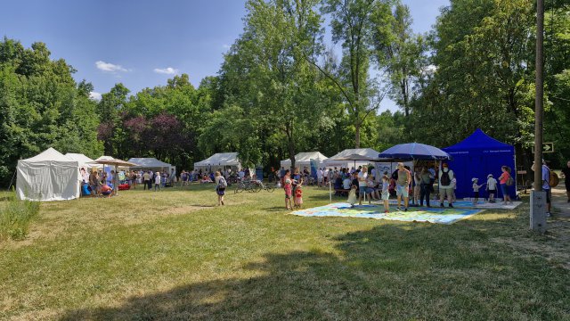 Several children gather under tents set up on a sunny patch of grass for Danube Day celebrations.