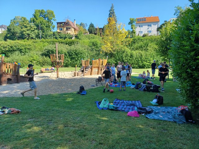 Children play on a playground. 