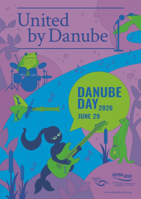 purple poster with a large ble band symboliying a river and in the forground a girl holdeing a green guitar. THze text on the poster reads 'United by Danube'